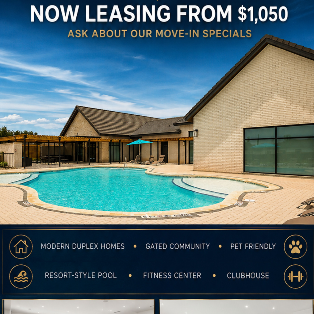 Poolside view of a modern duplex community with move-in specials text and amenities like pool, fitness center, clubhouse, and pet-friendly living.