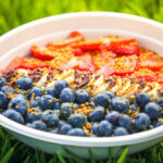 White bowl of yogurt topped with blueberries, strawberries, and granola sits on green grass outdoors.