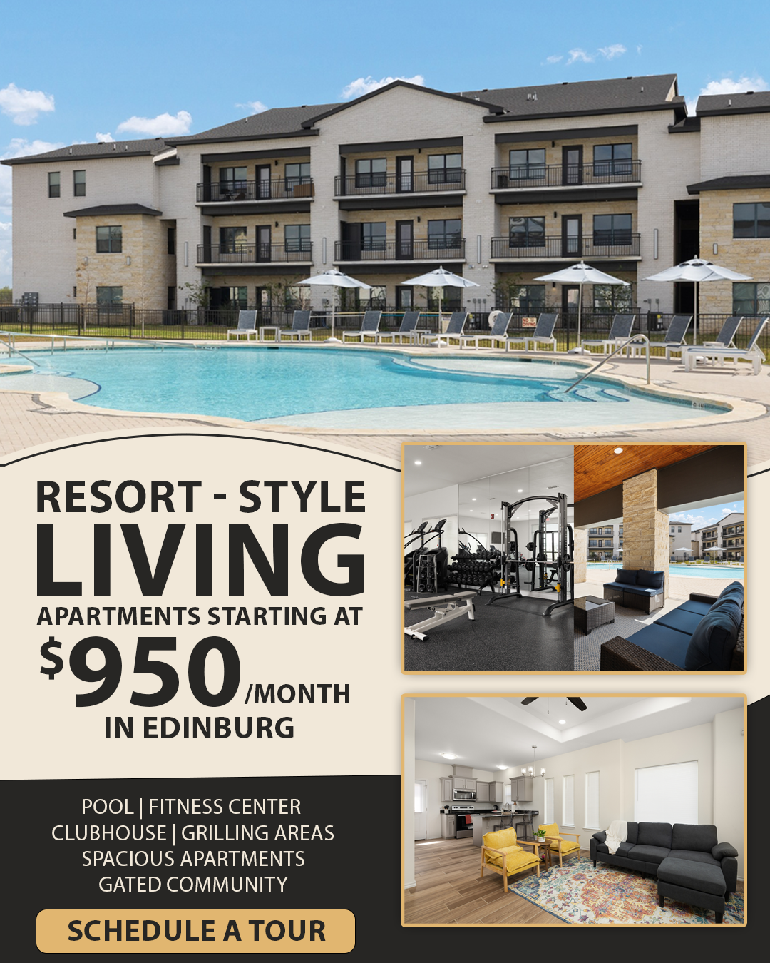Promotional ad for resort-style living: apartment complex with pool, two interior amenity photos, and text about apartments from $950 per month.