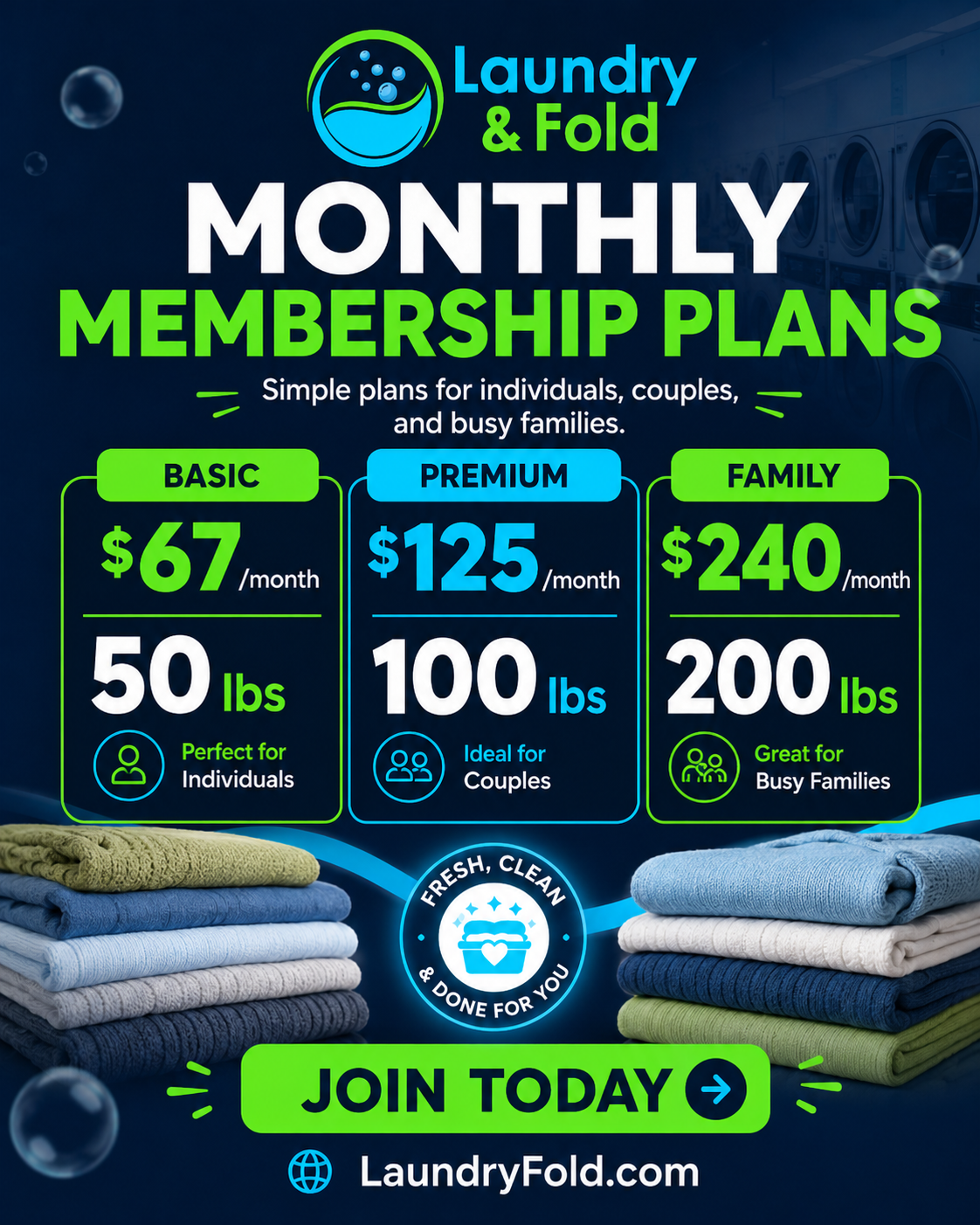 Laundry & Fold monthly membership ad showing three plans (Basic, Premium, Family) with prices, weight limits, and a JOIN TODAY call-to-action.