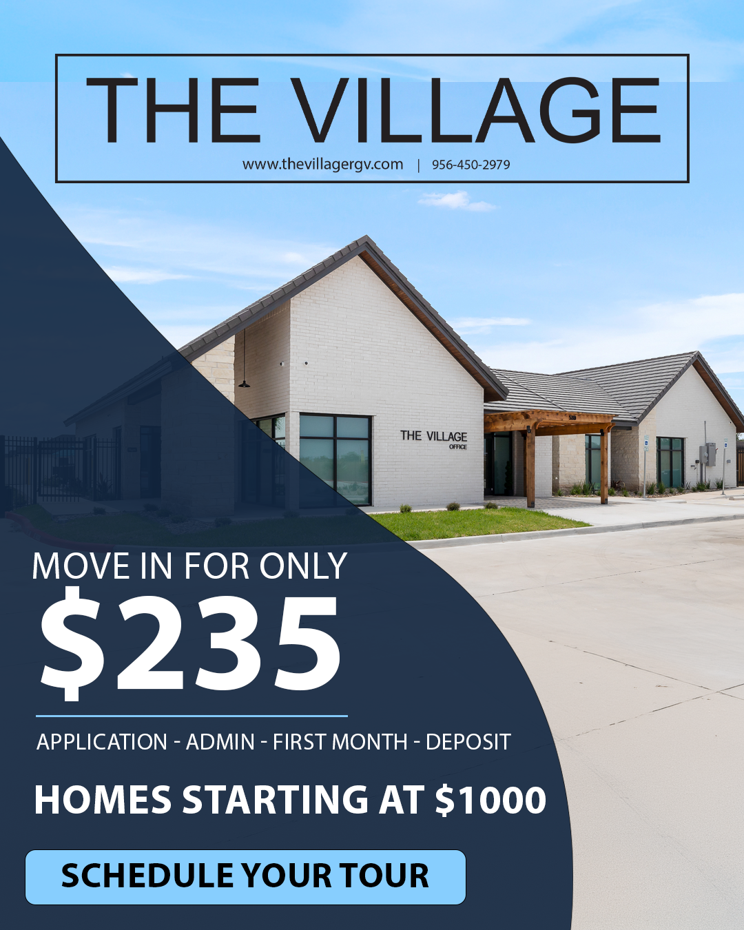 Advertisement for The Village community: move-in for $235 with 'Schedule Your Tour' CTA on a modern building backdrop.