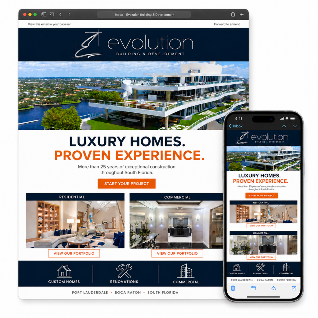 Hero image of Evolution Building & Development website with aerial view of a modern luxury building, bold headline 'LUXURY HOMES. PROVEN EXPERIENCE.', orange 'START YOUR PROJECT' button, and portfolio tiles.