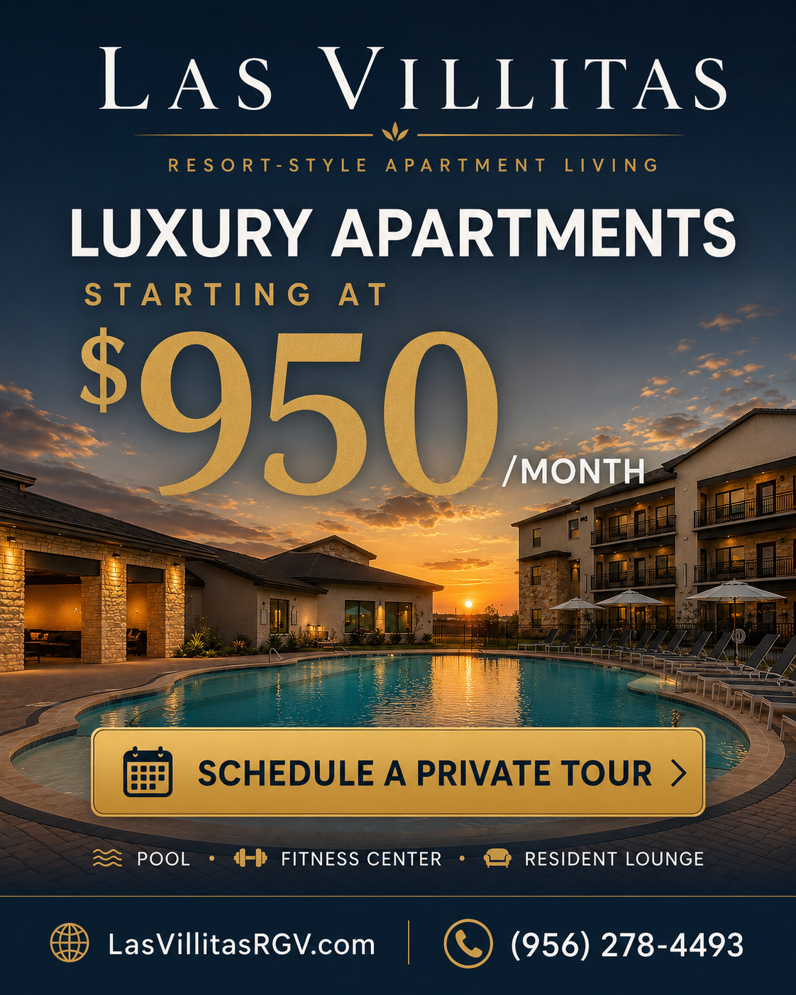 Advertisement for Las Villitas luxury apartments showing starting price of $950/month and a prominent 'Schedule a private tour' button by a resort-style pool area.