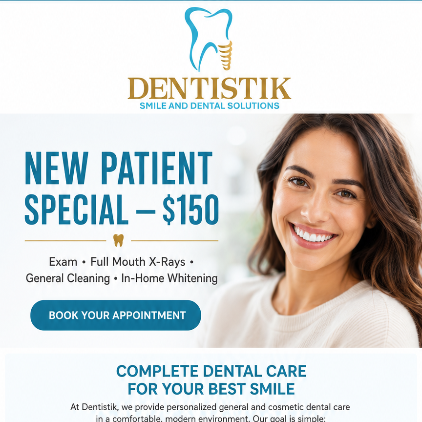 Dentist logo above a smiling woman and headline: ‘New patient special – $150’ with booking button imagery for dental care.