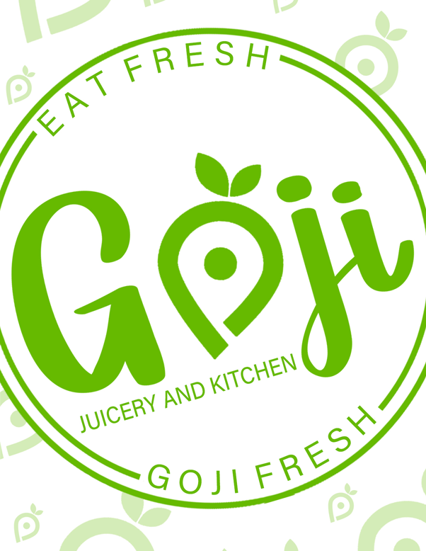 Goji Juicery and Kitchen logo: bright green circular seal with 'GOJI' stylized and a leaf sprout, flanked by 'EAT FRESH' and 'GOJI FRESH' text around the edge.