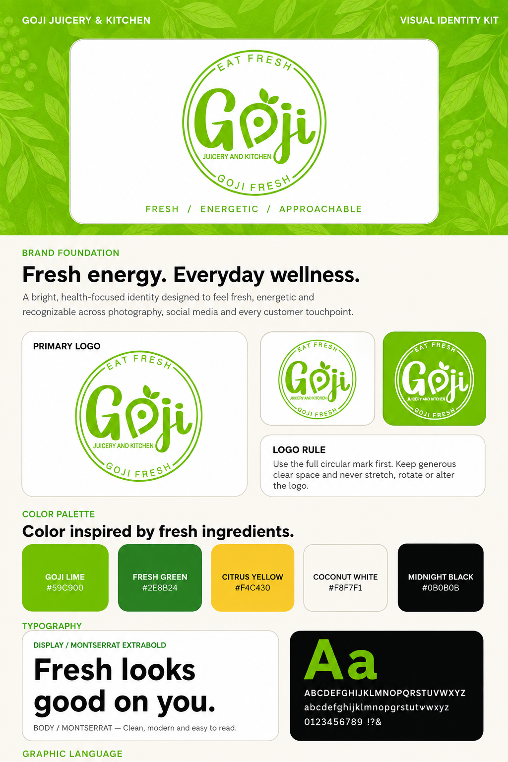 Brand identity kit for Goji Juicery & Kitchen: green leafy background with a large white rounded panel featuring the circular green Goji logo, plus branding samples and color/typography sections.