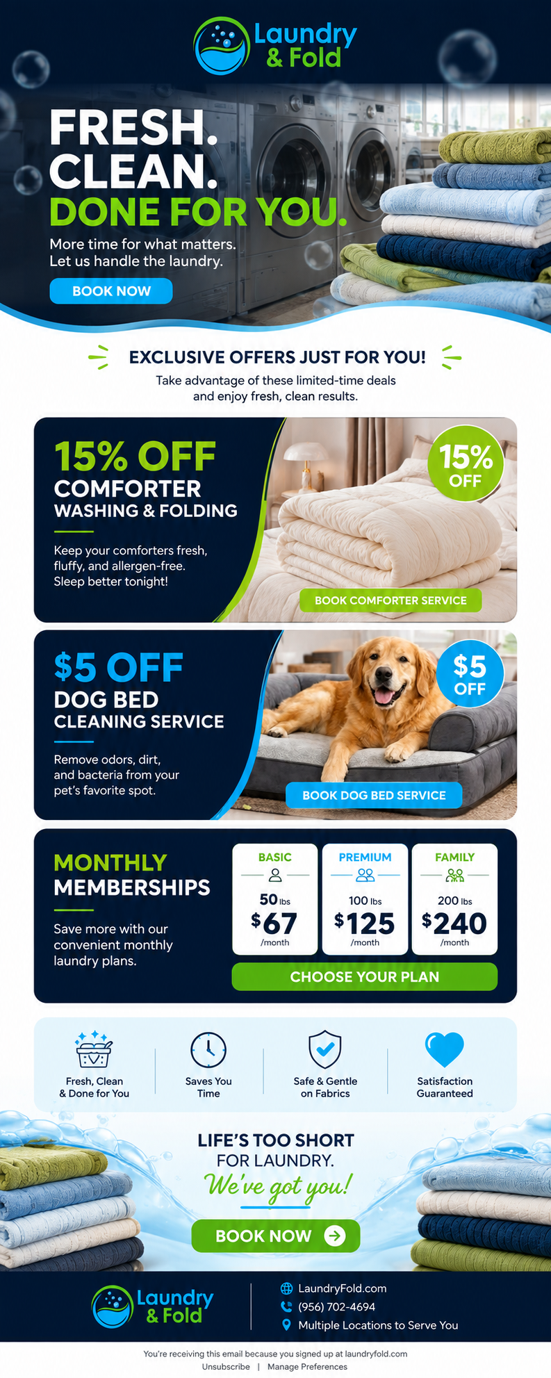 Laundry & Fold ad: blue-toned banner with logo, stacked towels, and bold offer text about fresh, clean service.
