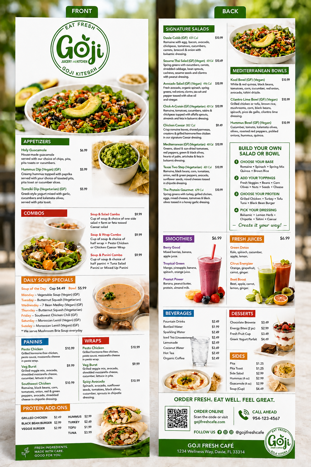 Double-sided Goji cafe menu board with logo and salad bowls imagery, showing front and back panels and green section headers.