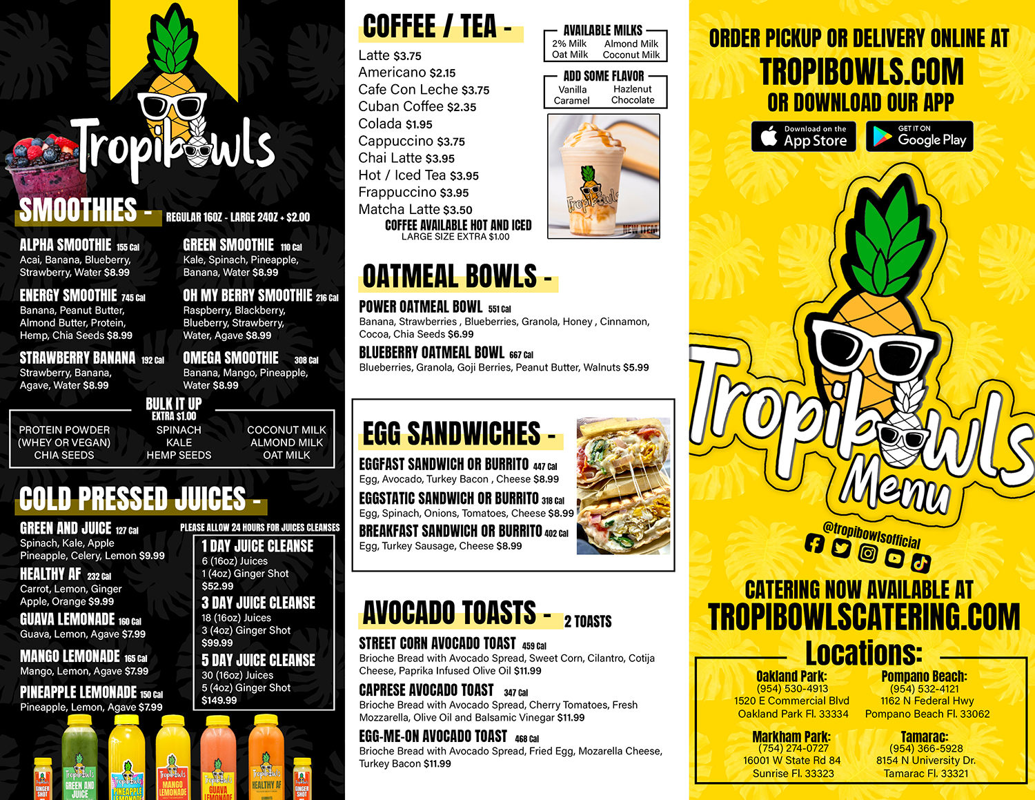 Tropibowls menu featuring smoothies, coffees, bowls, egg sandwiches and drinks across three panels, with ordering info on the right.