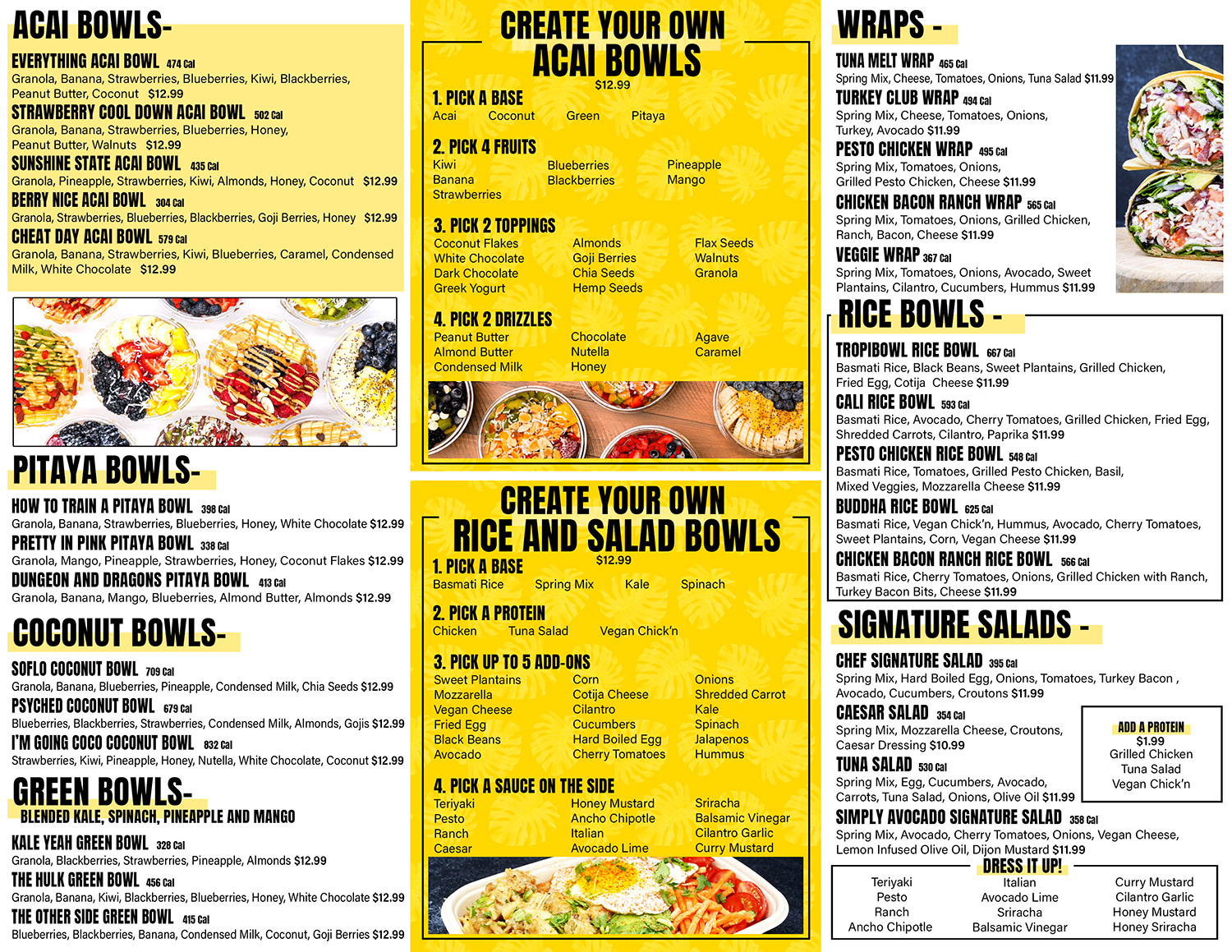 Colorful menu collage with yellow panels listing Acai Bowls, Pitaya Bowls, Coconut Bowls, Wraps, Rice Bowls and Signature Salads, plus photos of bowls on the sides.