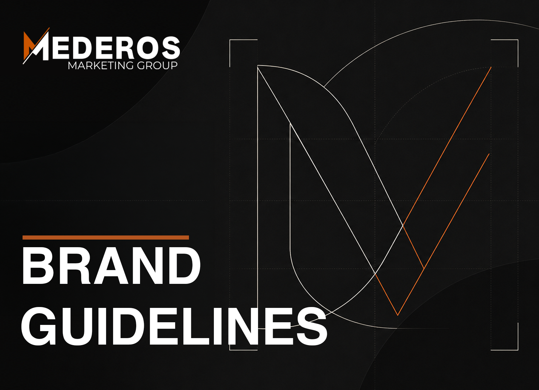 Mederos Marketing Group logo in white and orange on a dark abstract background with the words BRAND GUIDELINES below it.
