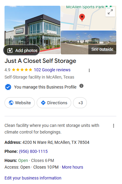 Collage of Just A Closet Self Storage: storefront building, a map with a location pin, and a street-view of the facility in McAllen, Texas.