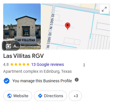 Google Business Profile card for Las Villitas RGV, showing a brick building and a street map with a red pin indicating location in Edinburg, Texas.