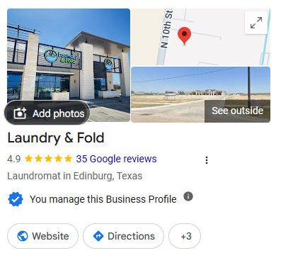 Collage showing Laundry & Fold storefront with exterior sign, plus a nearby map pin and a street view thumbnail for the Edinburg, Texas business page.
