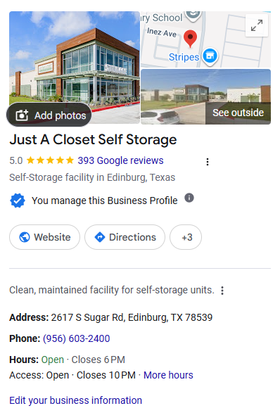 Collage of Just A Closet Self Storage exterior with a blue sky and parking lot, plus a map pin showing its Edinburg, Texas location.