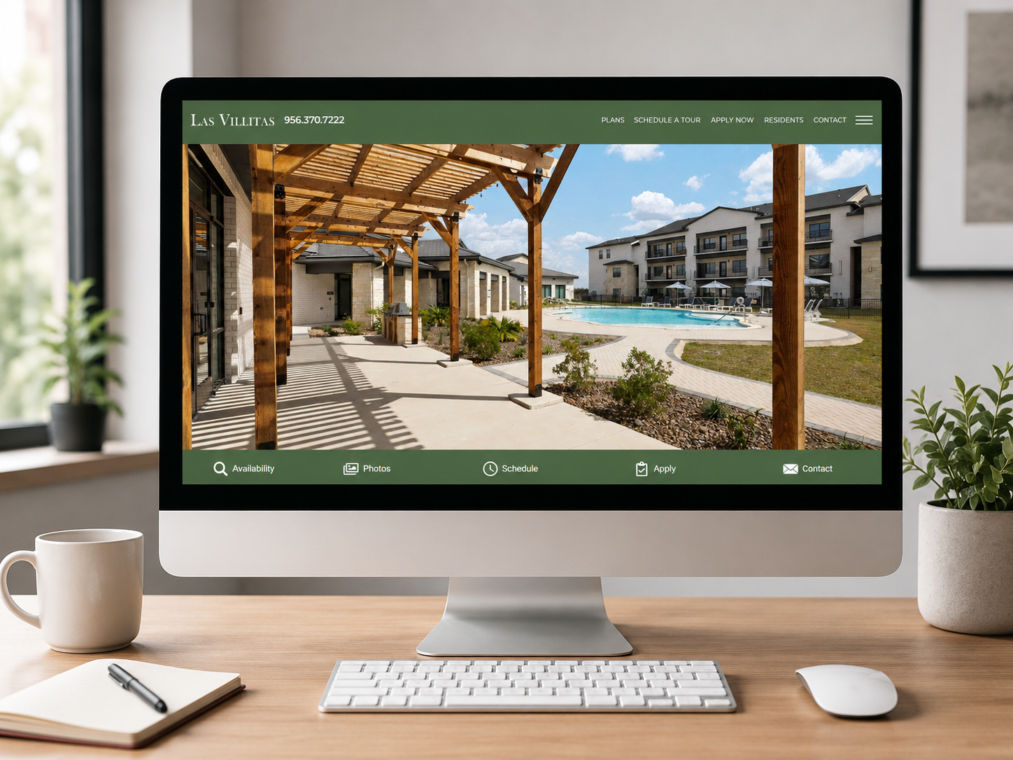 Hero image of a property website: courtyard with a wooden pergola, pool, and modern apartments at Las Villitas on a sunny day.