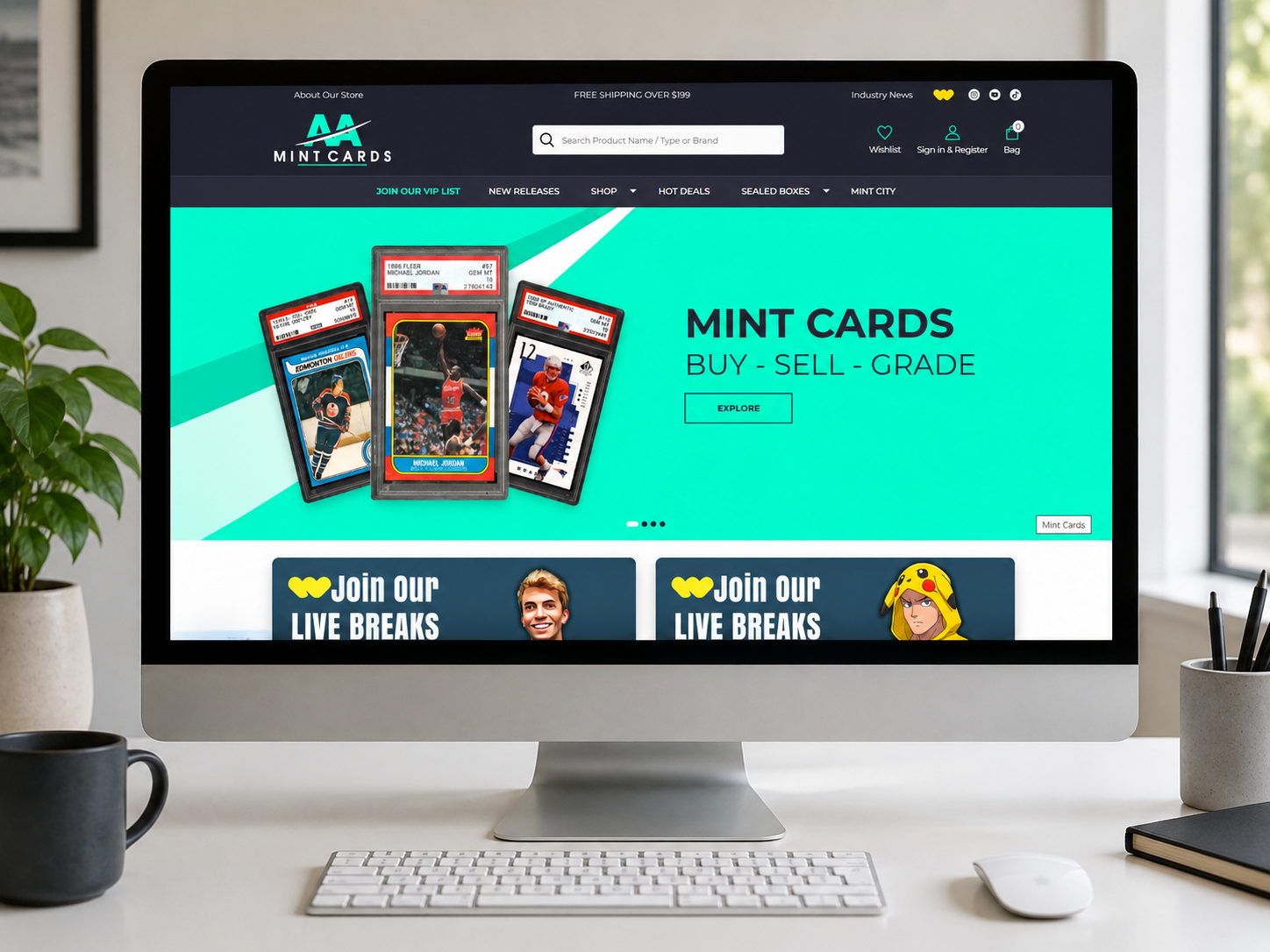 Desktop monitor displaying the Mint Cards homepage with a turquoise hero banner and trading cards collage.