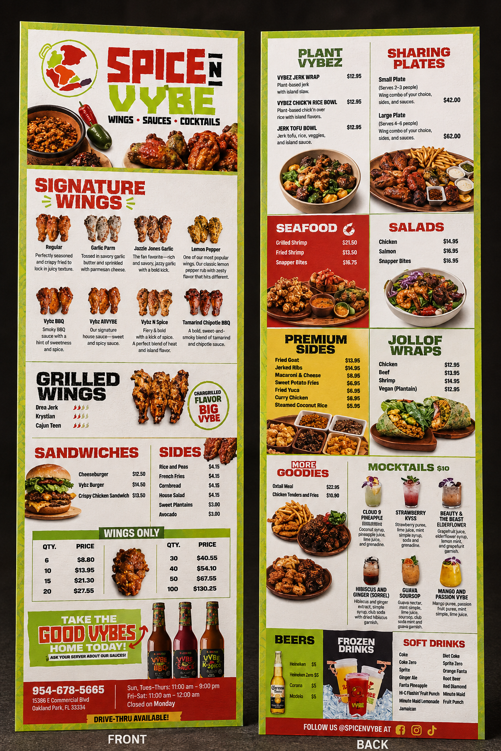 Two-page restaurant menu board with bright green borders showing Wings, Platter, Seafood, Salads, Sides, and more, with photos and prices.