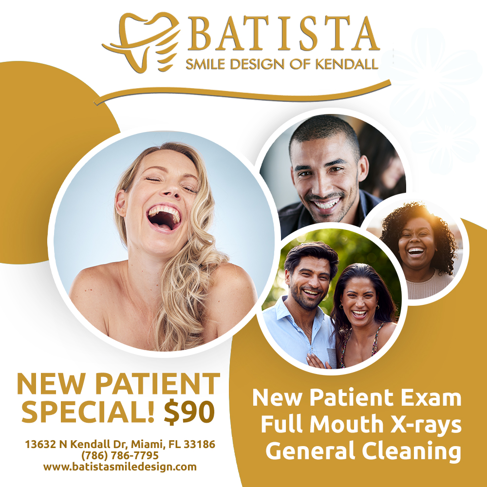 Dental clinic ad for Batista Smile Design featuring smiling patients in circular photos and the offer 'New Patient Special! $90' with full-mouth X-rays and cleaning and clinic contact info.