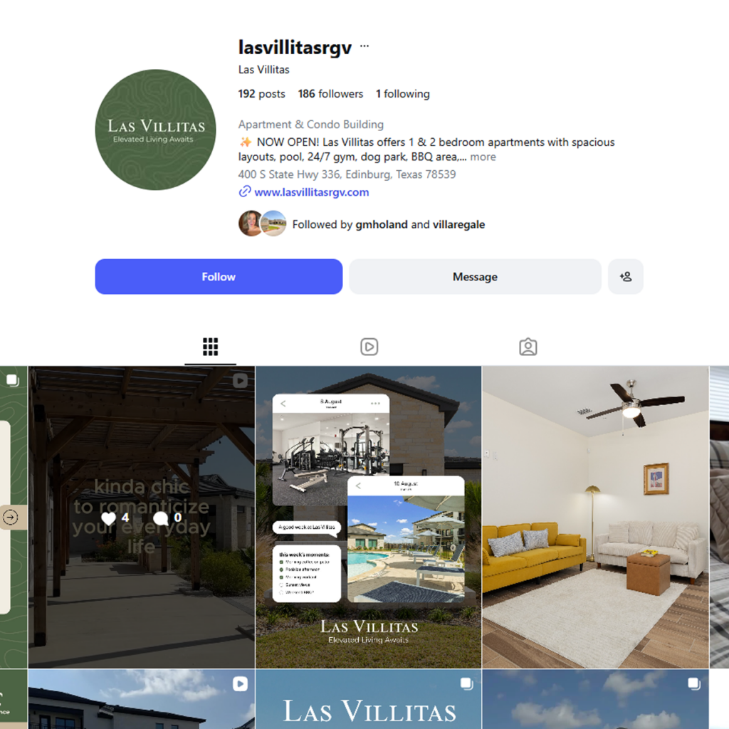 Instagram profile header for Las Villitas RGV, showing circular logo, bio, follower info and a grid of property photos.