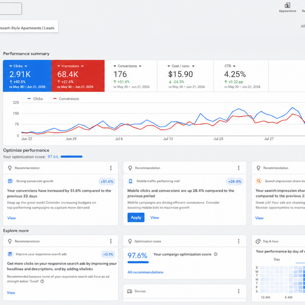 Analytics dashboard showing performance summary with clicks, impressions, conversions, cost per conversion, and CTR, plus a line chart.