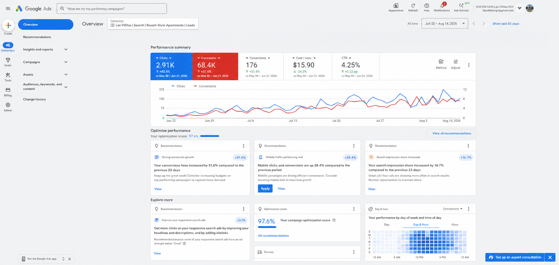 Google Ads Overview dashboard showing performance metrics (clicks, impressions, conversions, cost, CTR) and a line chart for June 22–Aug 14, 2026, with a left navigation panel and top search bar in the UI.