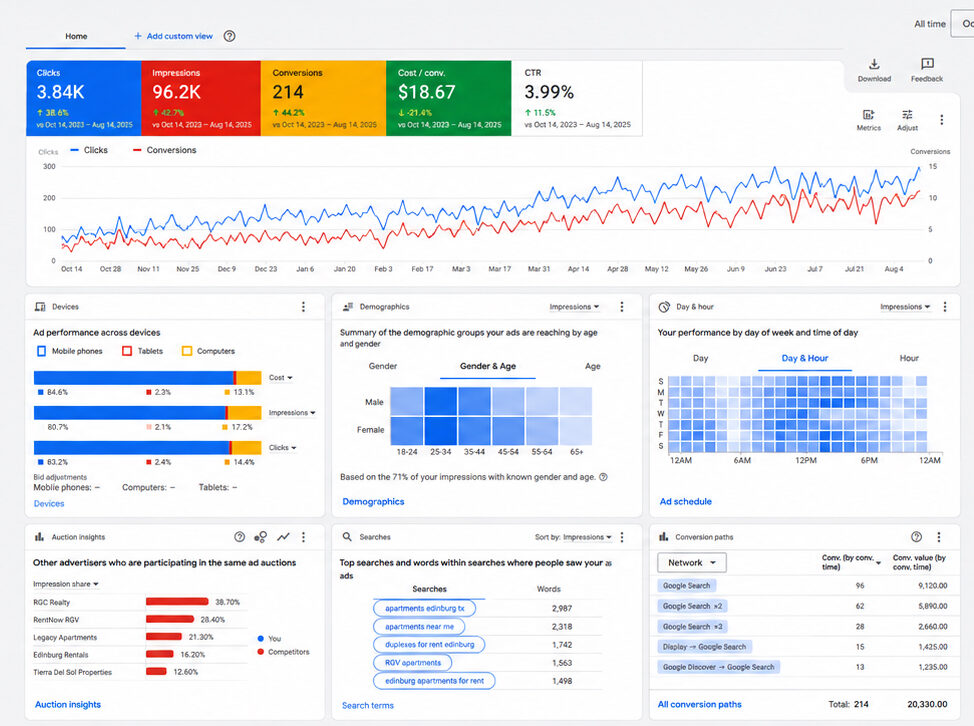 Analytics dashboard showing key ad metrics: 3.84K clicks, 96.2K impressions, 214 conversions, $18.67 cost per conversion, with a line chart and panels for devices, demographics, day/hour, and searches.