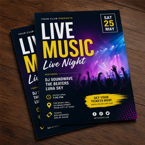 Poster advertising a live music night on a wooden floor; bold 'LIVE MUSIC' header with yellow word 'MUSIC' and purple stage lights. Date SAT 25 MAY; lineup includes DJ Soundwave, The Beaters, Luna Sky; doors 7:00 PM; tickets and venue details listed; call to action 'Get Your Tickets Now'.