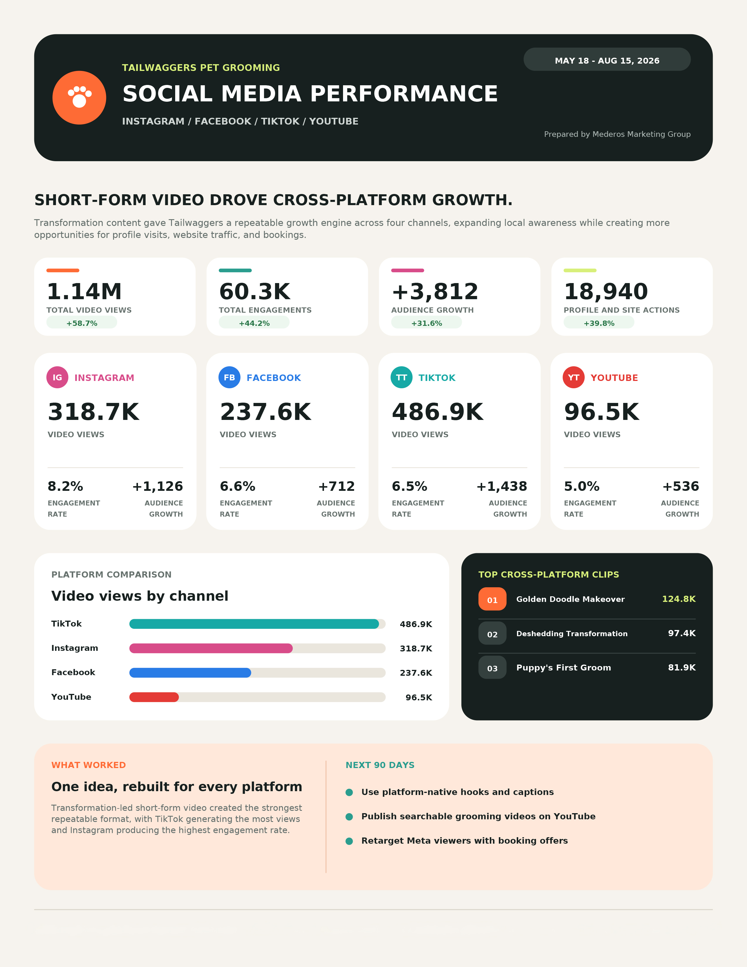 Infographic dashboard titled Social Media Performance with metrics cards for views, engagements, audience growth, and platform counts across Instagram, Facebook, TikTok, and YouTube.