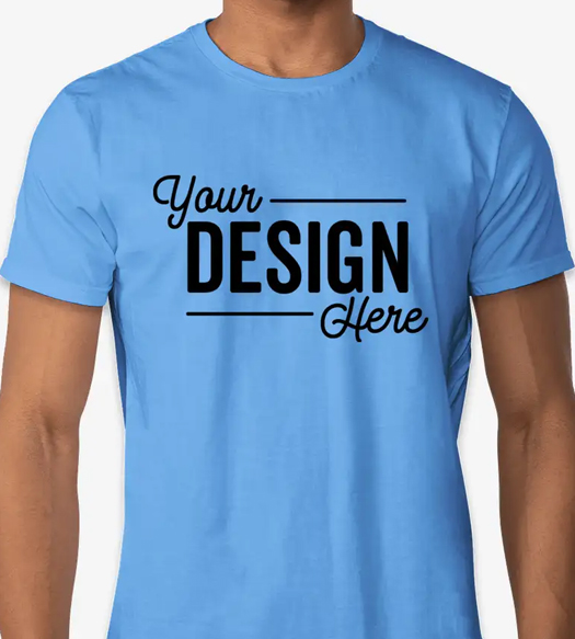 Light blue T-shirt showing a 'Your Design Here' placeholder in black script and block fonts.