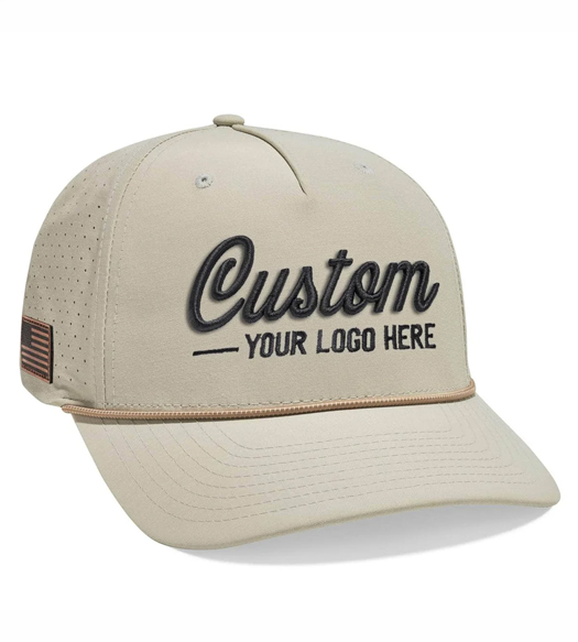 Beige baseball cap with embroidered 'Custom Your Logo Here' text and a small side US flag patch on the left.