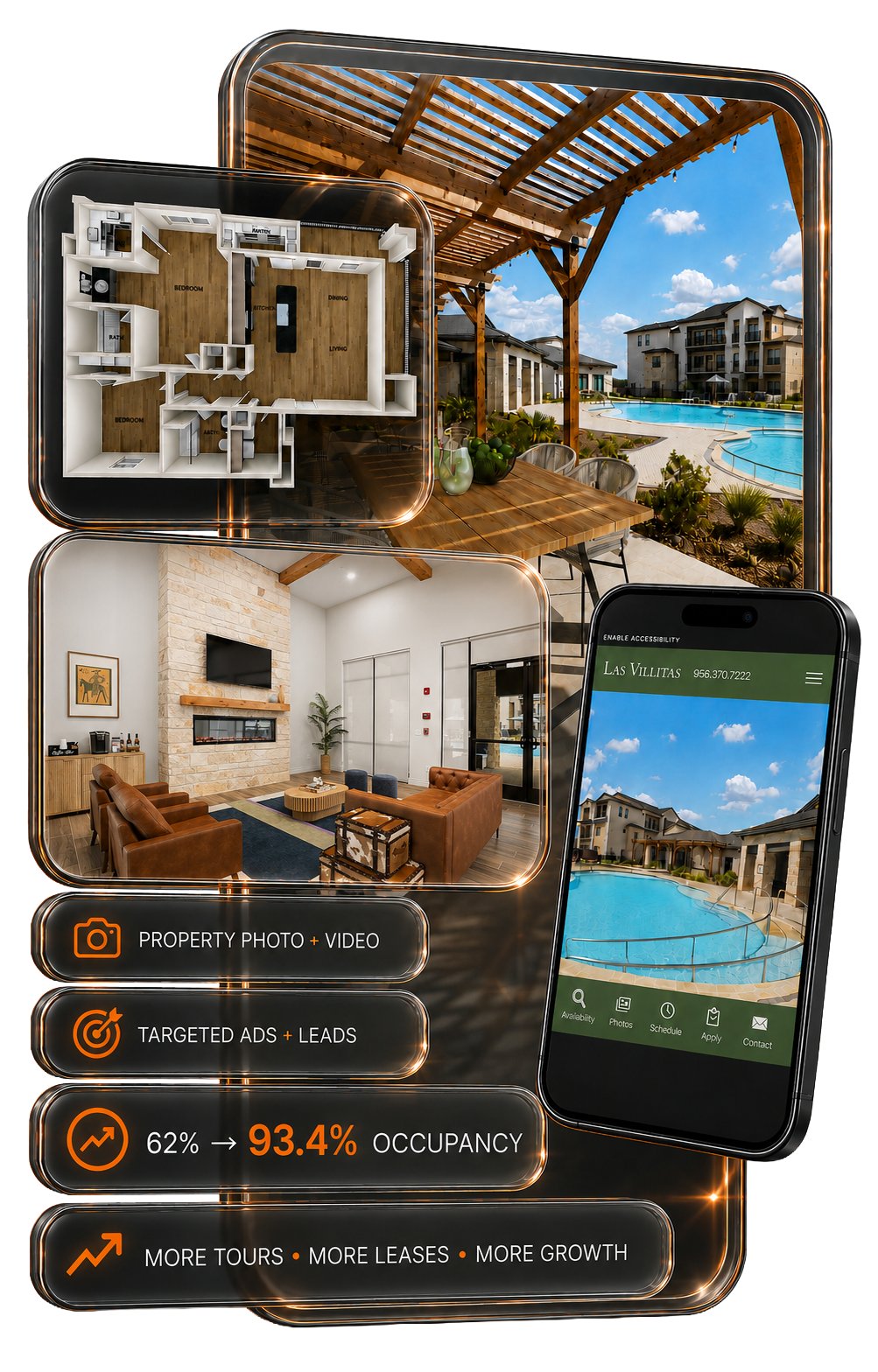 Multi-panel 3D layout of a property tech dashboard showing floor plans, a pool-side view, a modern living room, and a mobile app preview for property management.