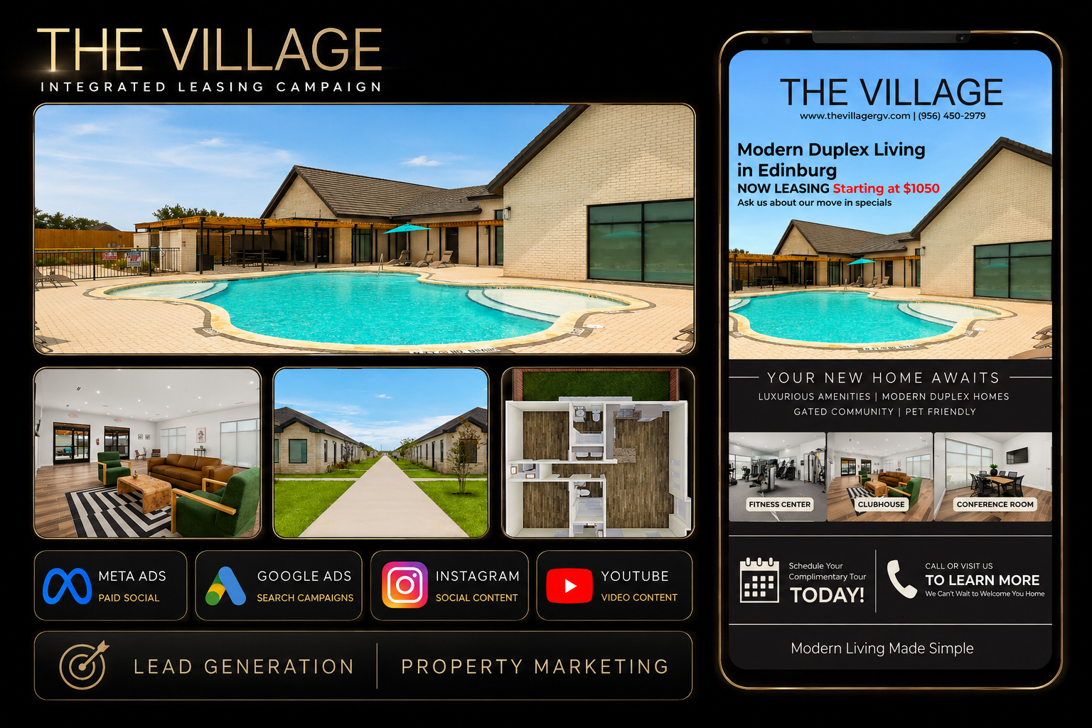 Promotional collage for The Village leasing campaign featuring pool, building exteriors, interior lounge, and a mobile ad with leasing details.