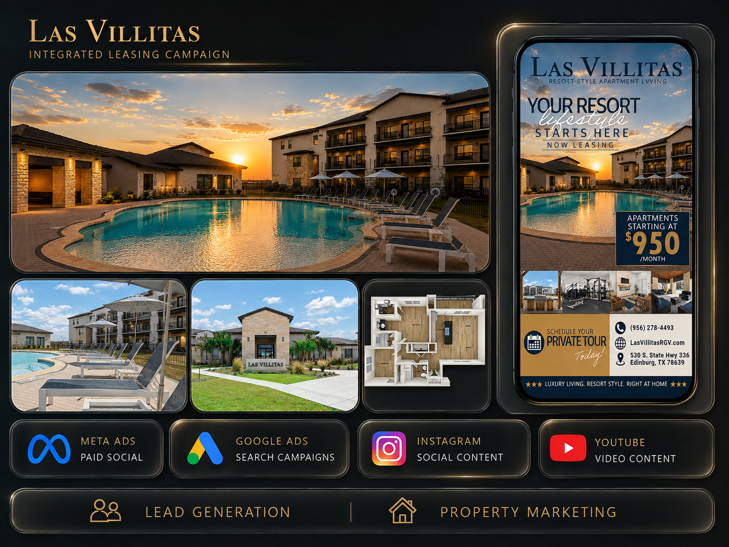 Marketing collage for Las Villitas luxury apartments featuring a resort pool, modern buildings, and a tall smartphone ad with leasing details written on the screen.