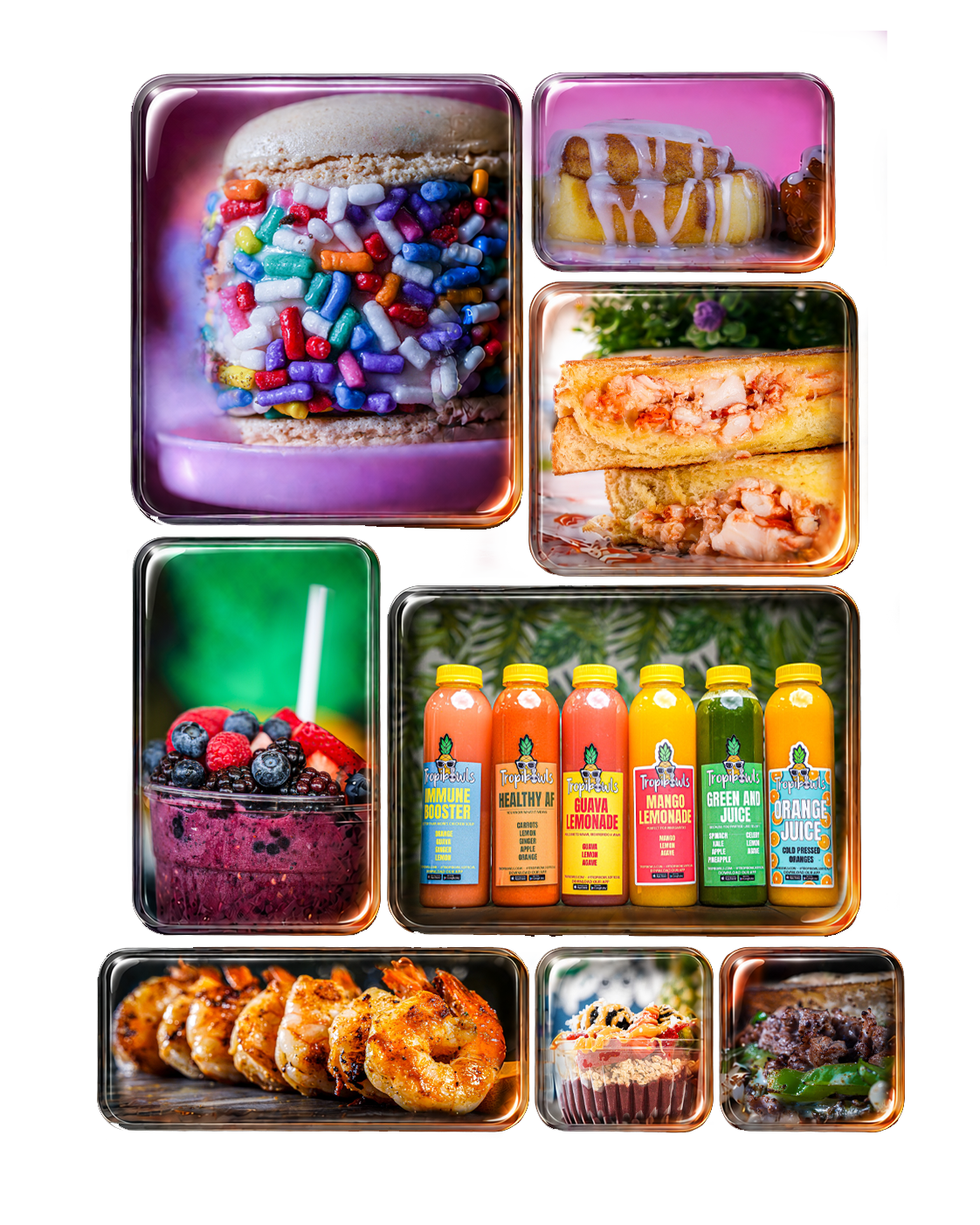 Collage of colorful desserts, sandwiches, smoothies, and juices displayed in shiny metal trays.
