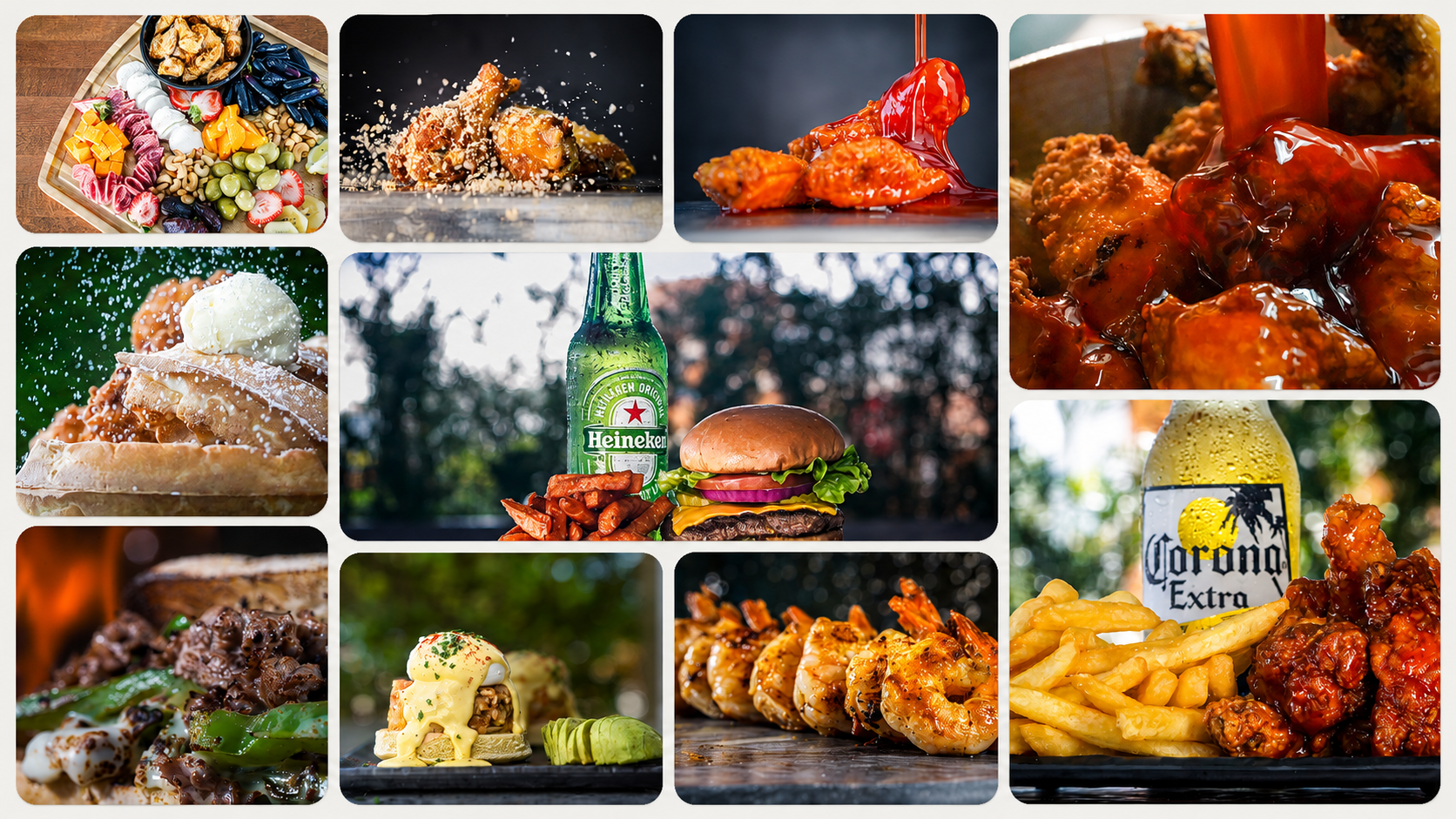 Collage showing a variety of foods: fruit platter, fried chicken, burgers, fries, beer and desserts.