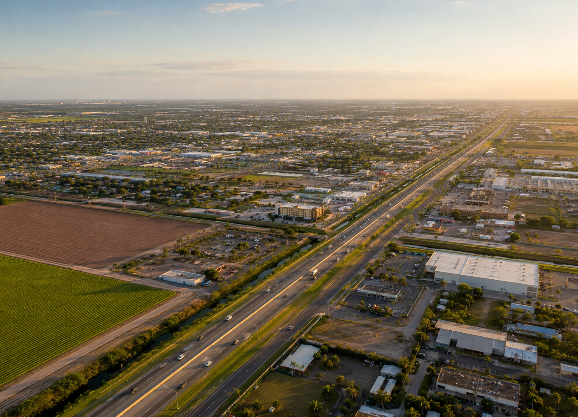 Aerial view of a city with a major highway running diagonally, fields to the left, and low-rise buildings bathed in sunset light.
