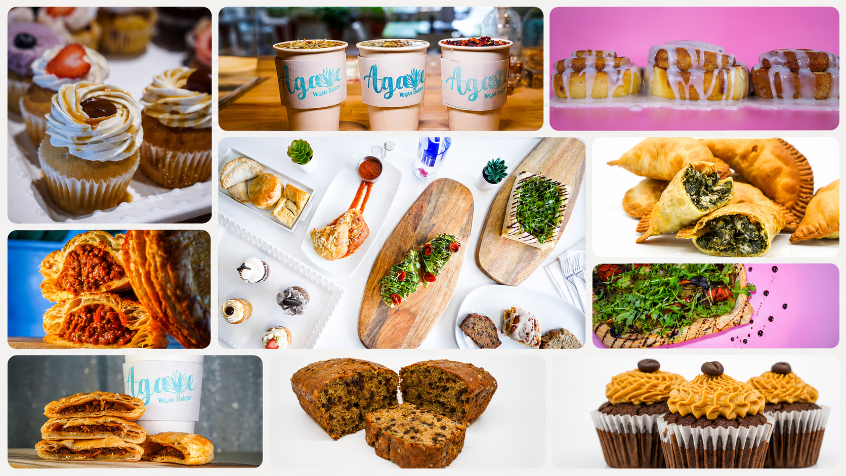 Assorted baked goods collage: cupcakes, pastries, croissants, donuts, and breads in rounded tiles on colorful backgrounds.