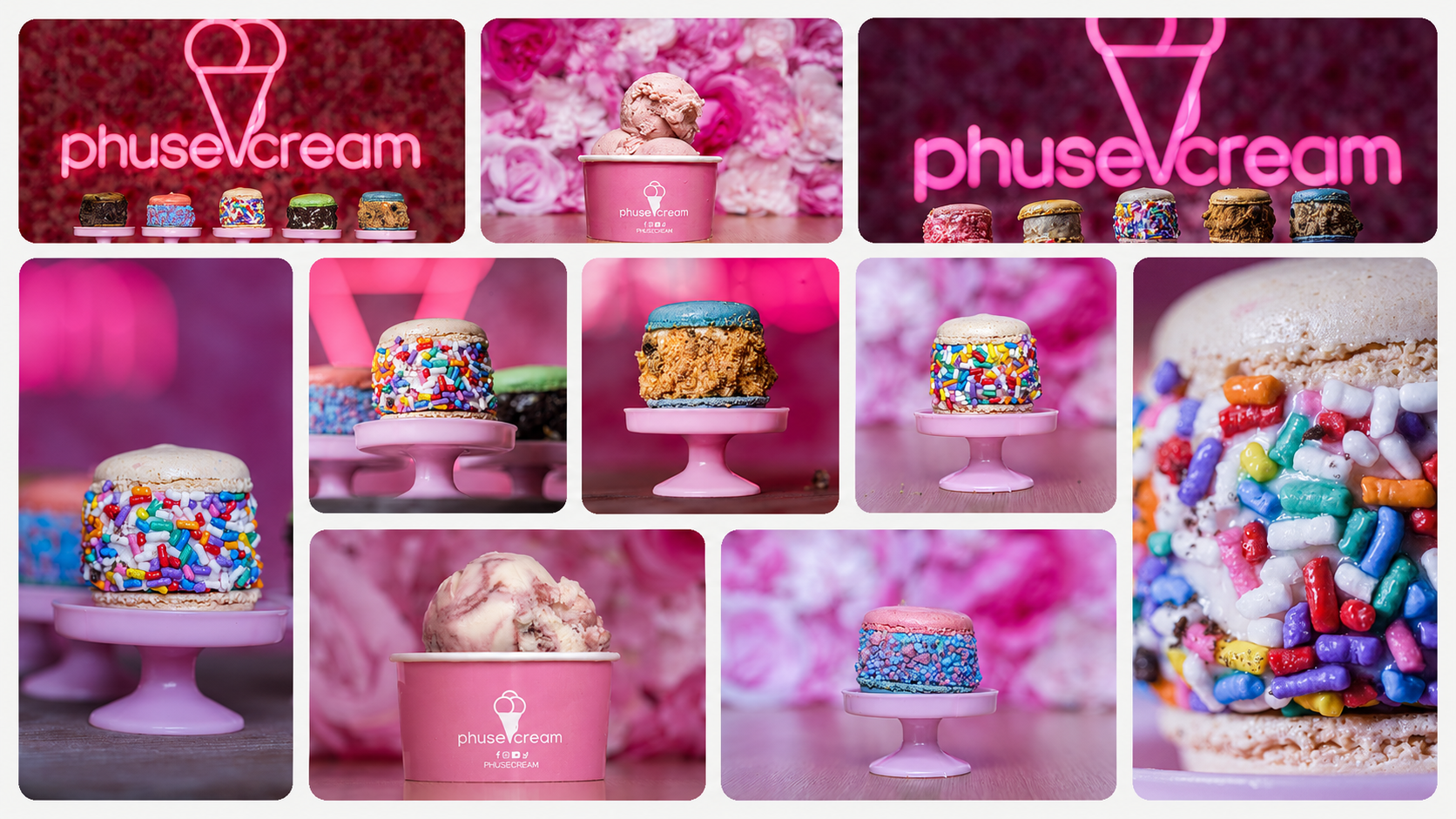 Assorted colorful macarons and scoops of ice cream on pink cake stands and neon "phusecream" sign backdrop in a collage of treats.