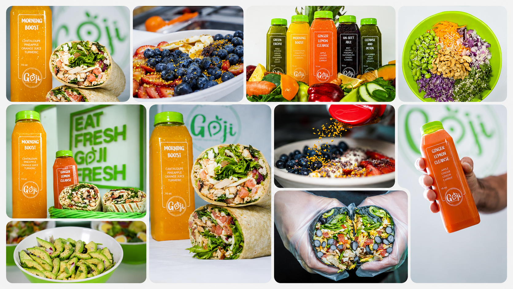 Collage of healthy foods: wraps, bowls, fresh fruit, and orange Goji juice bottles on a bright grid surface.
