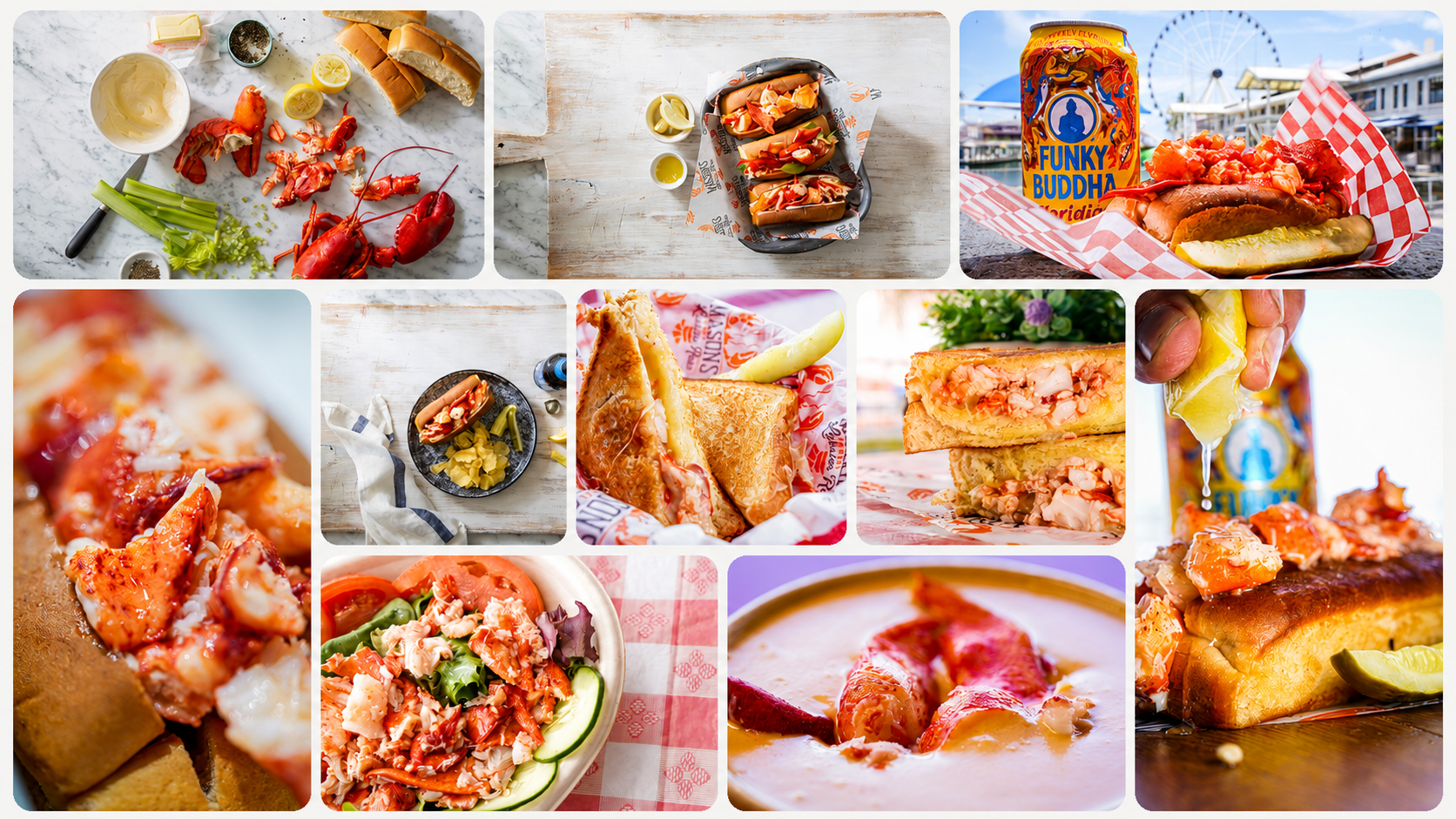 Collage of seafood dishes and sandwiches, featuring lobster tails, lobster rolls, and fish plates on rustic surfaces.