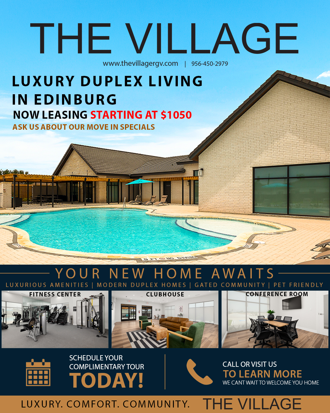 Promotional banner for The Village luxury duplex living featuring a pool, modern homes, and leasing offer starting at $1050.