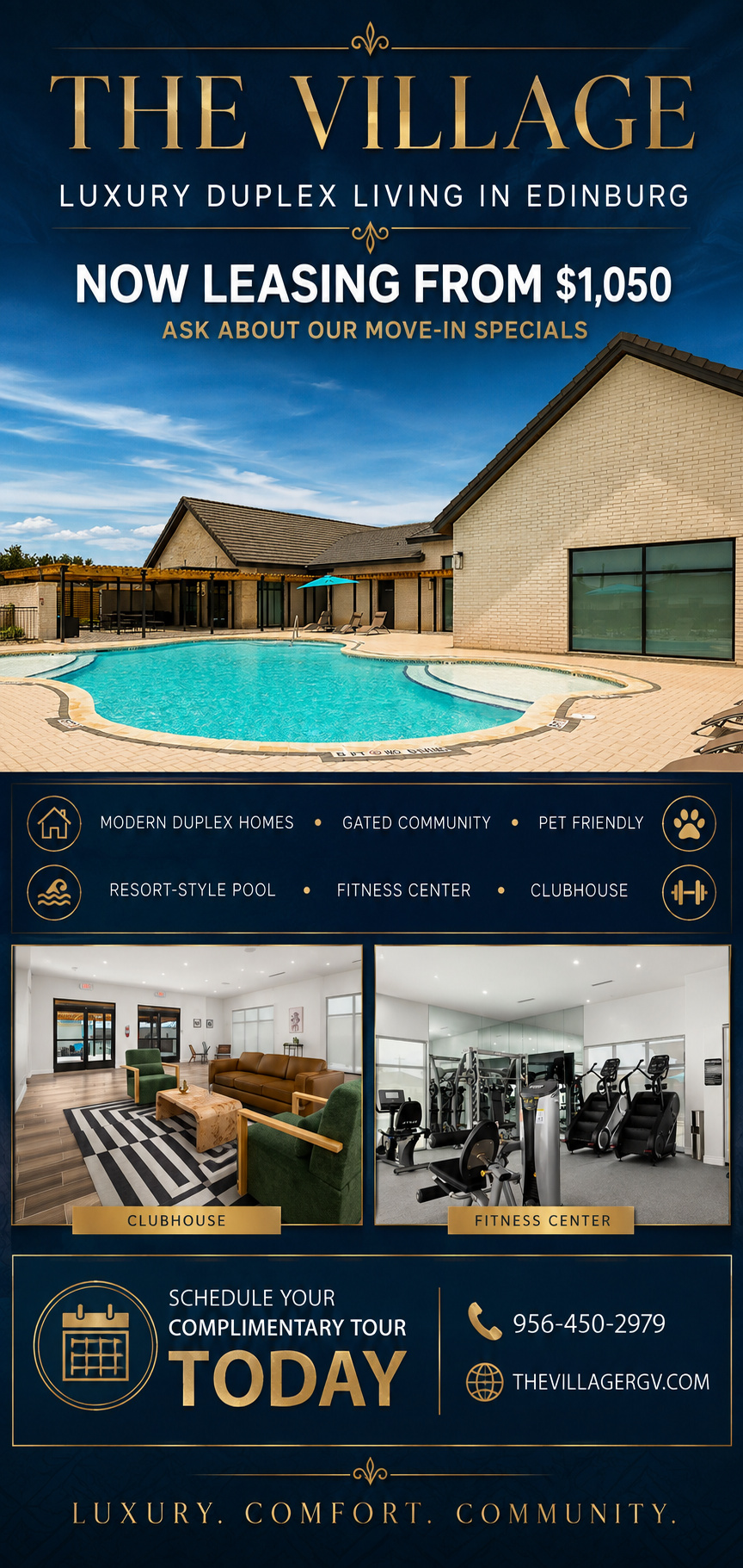 Promotional poster for The Village luxury duplex living in Edinburg, featuring pool, clubhouse, and fitness center with leasing info from $1,050.