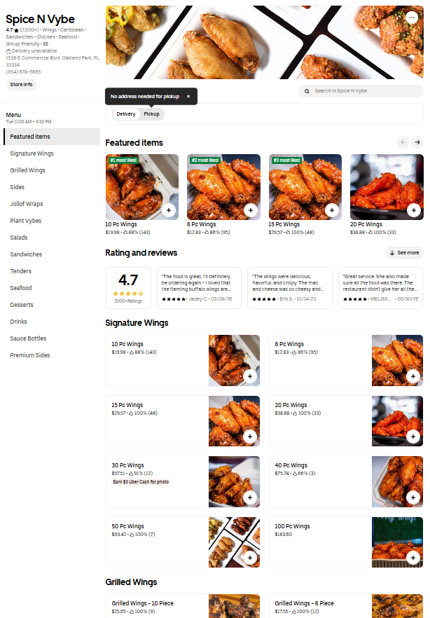 Spice N Vybe menu page showing wings varieties and a 'Featured items' row with prices and images.