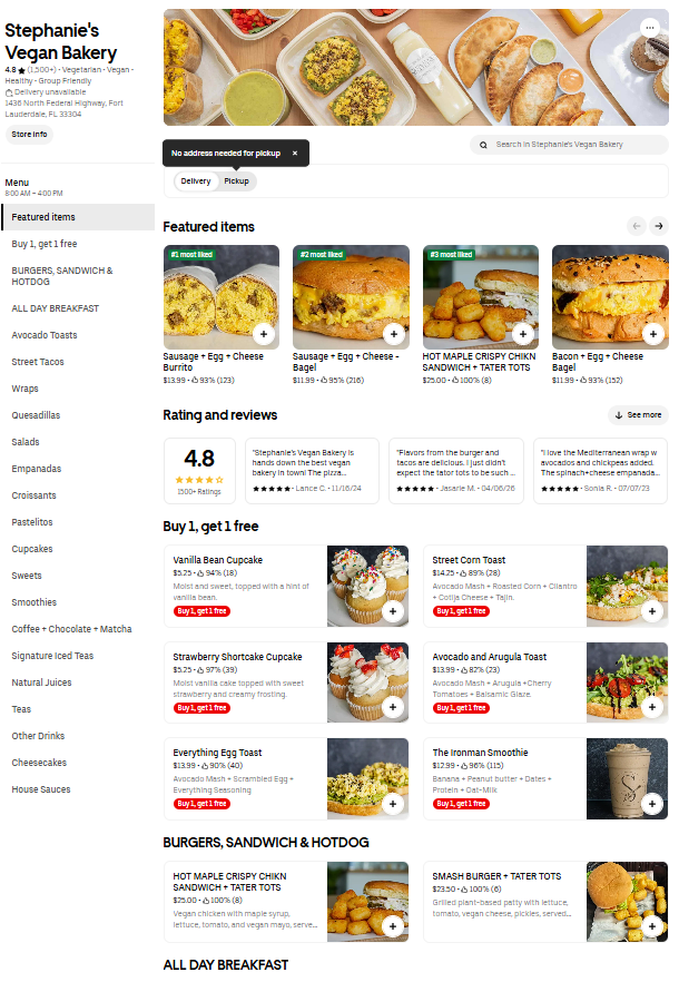 Screenshot of Stephanie's Vegan Bakery webpage showing header, left navigation menu, search bar, and a row of 'Featured items' beneath a banner of vegan dishes.