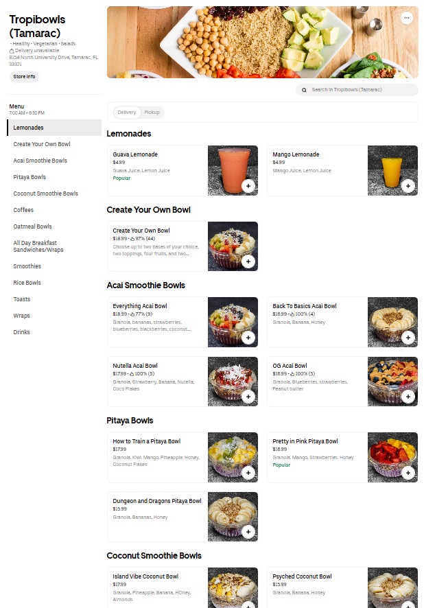 Restaurant menu page for Tropibowls (Tamarac) showing Lemonades, Create Your Own Bowl, Acai Smoothie Bowls, Pitaya Bowls, and Coconut Smoothie Bowls with item thumbnails and prices on a grid.