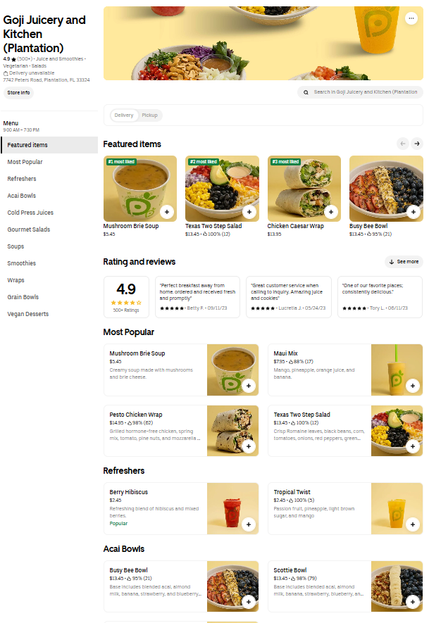 Restaurant homepage featuring a grid of four 'Featured items' dishes: Mushroom Brie Soup, Texas Two Step Salad, Chicken Caesar Wrap, Busy Bee Bowl.