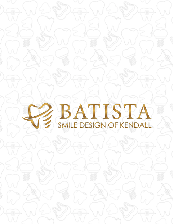 Batista Smile Design of Kendall logo with a gold tooth emblem and elegant text on a pale dental-patterned background