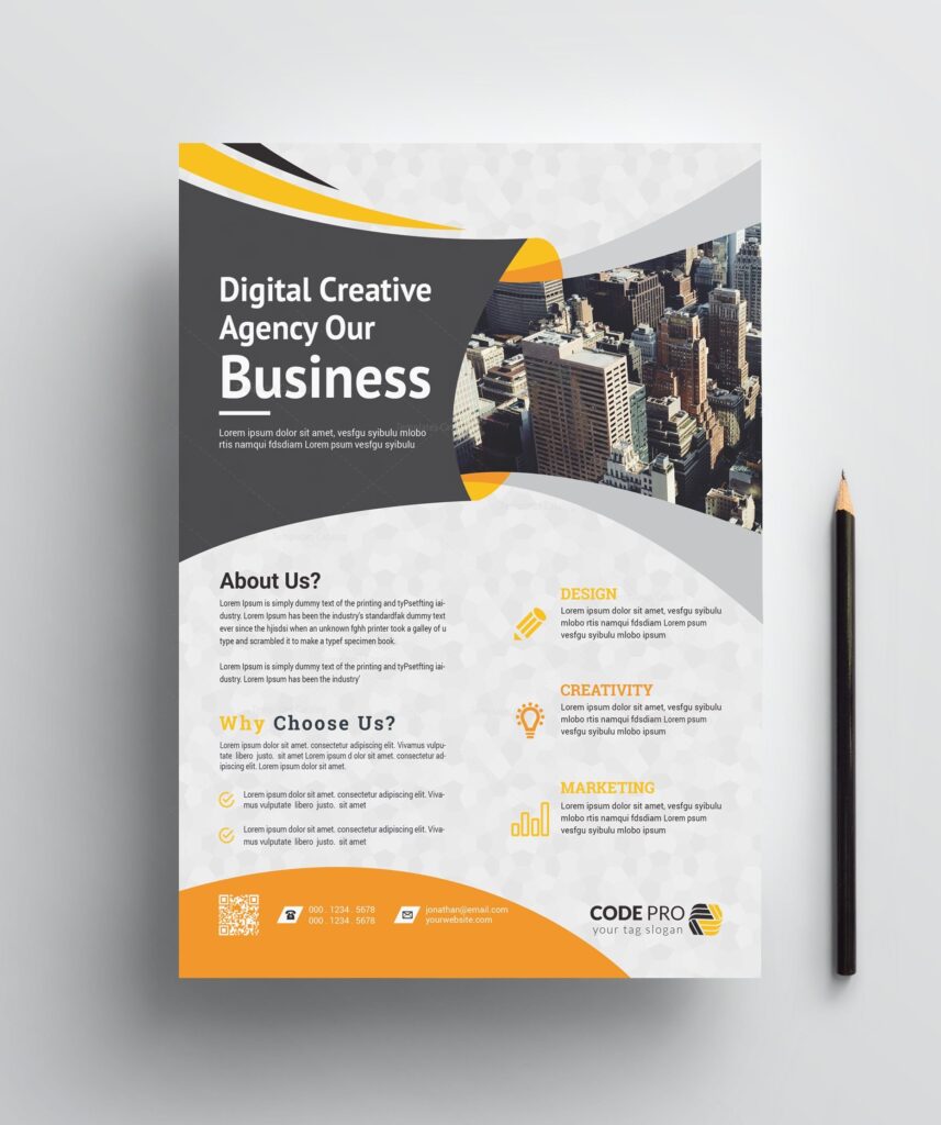 Front cover of a modern business brochure with gray, orange, and yellow accents, and a city skyline image with the headline 'Digital Creative Agency Our Business'.