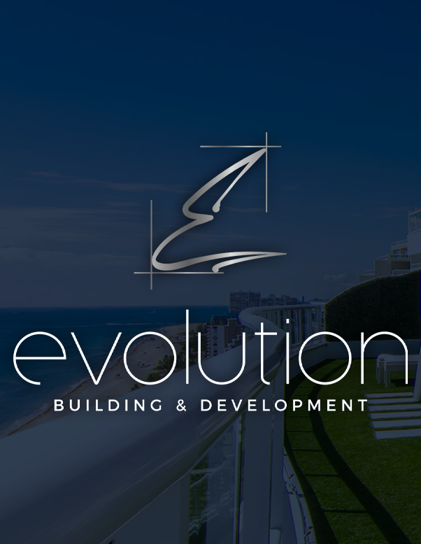 Evolution Building & Development logo over a coastal cityscape at dusk, featuring a stylized E mark and the word 'evolution'.